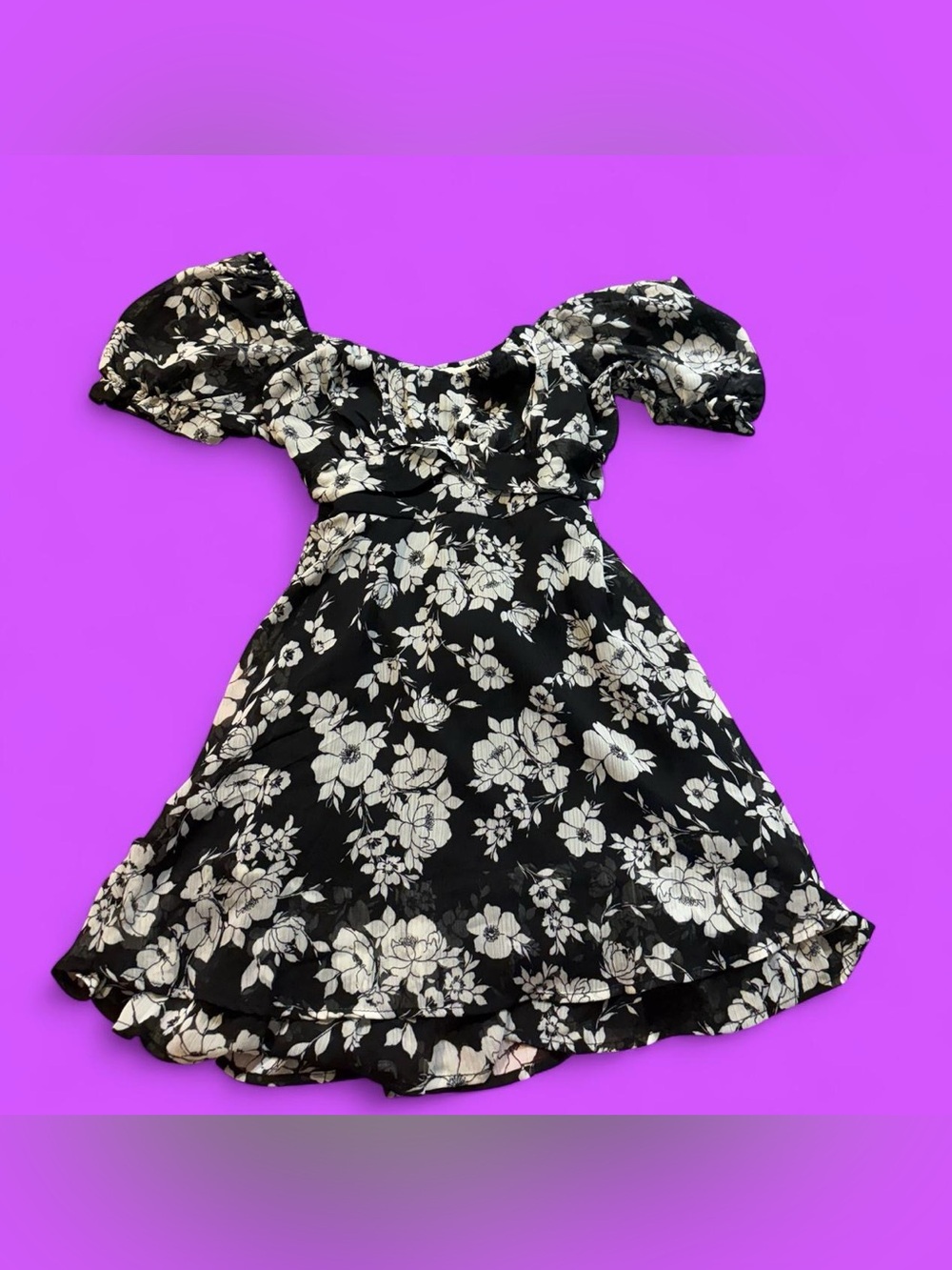 Black Floral Puff-Sleeve Mini Dress